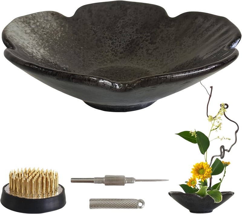 WEOPYCJ Store Japanese Ikebana vases, Ceramic Arranging Bowl Arrangement Container with 1.69 in Kenzan Flower Frog Pin Needle (Black) - Image 1